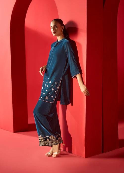 Embroidered Velvet Kurta Set - 2 Piece Designer Wear - Teal