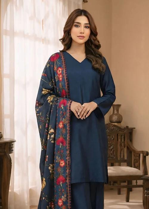 3 Piece Linen Kurta Set - Navy Blue - Herringbone Dupatta