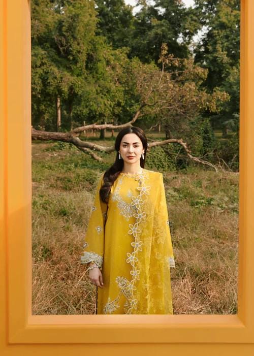 Embroidered Jacquard Long Kurta Suit: Mellow Yellow - 3 Piece
