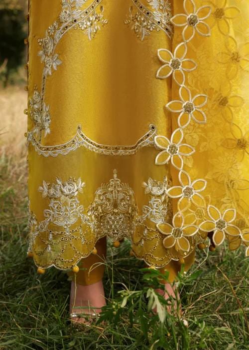 Embroidered Jacquard Long Kurta Suit: Mellow Yellow - 3 Piece