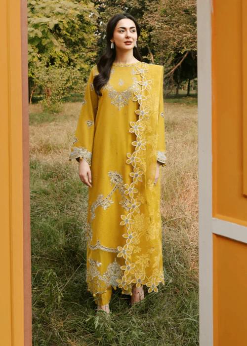 Embroidered Jacquard Long Kurta Suit: Mellow Yellow - 3 Piece