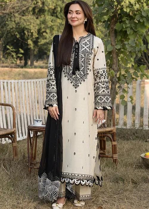 3 piece - Embroidered Linen Long Kurta Suit with Chiffon Dupatta