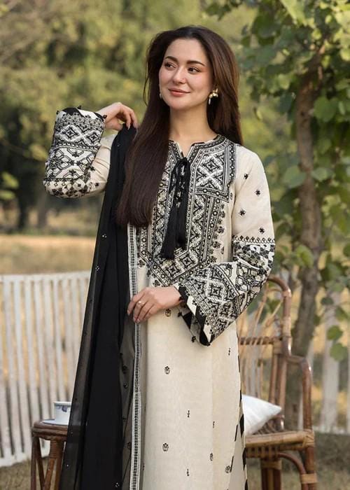 3 piece - Embroidered Linen Long Kurta Suit with Chiffon Dupatta