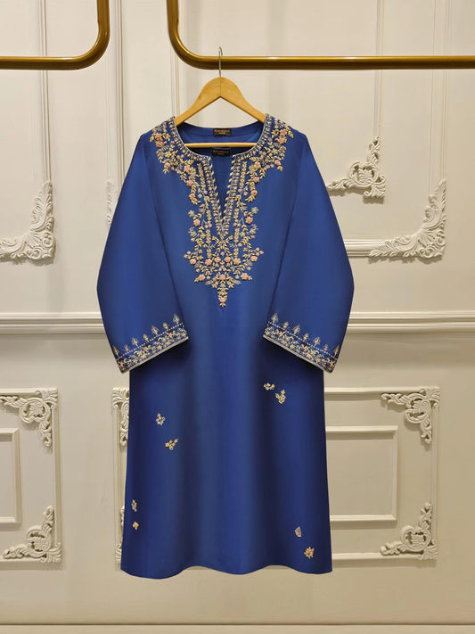 Agha Noor - Embroidered Sheesha Silk Suit - Navy Blue
