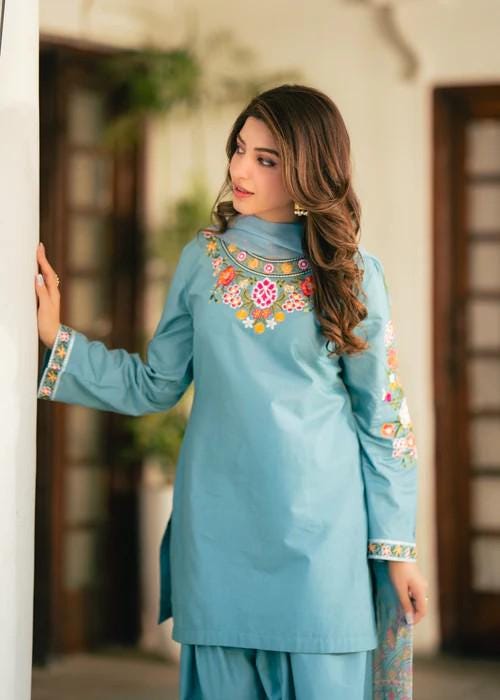 3 Piece Embroidered Lawn Shalwar Suit - Sky Blue