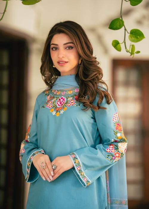3 Piece Embroidered Lawn Shalwar Suit - Sky Blue