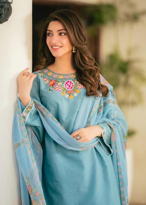 3 Piece Embroidered Lawn Shalwar Suit - Sky Blue