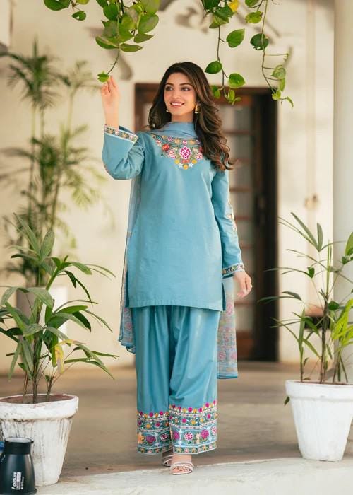3 Piece Embroidered Lawn Shalwar Suit - Sky Blue