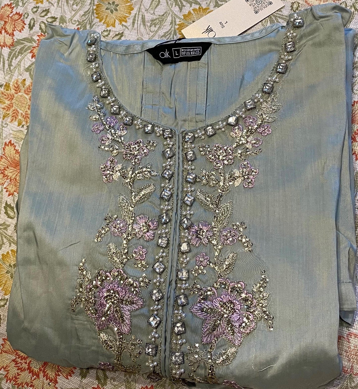 Embroidered Raw Silk Suit - Powder Blue - Printed Silk Dupatta