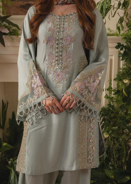 Embroidered Raw Silk Suit - Powder Blue - Printed Silk Dupatta