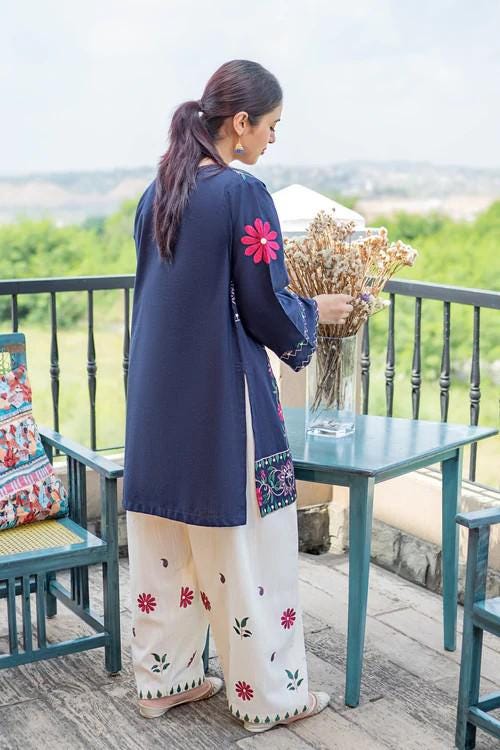 2 piece - Embroidered Soft Khaddar Farshi Shalwar Suit - Off White and Navy Blue