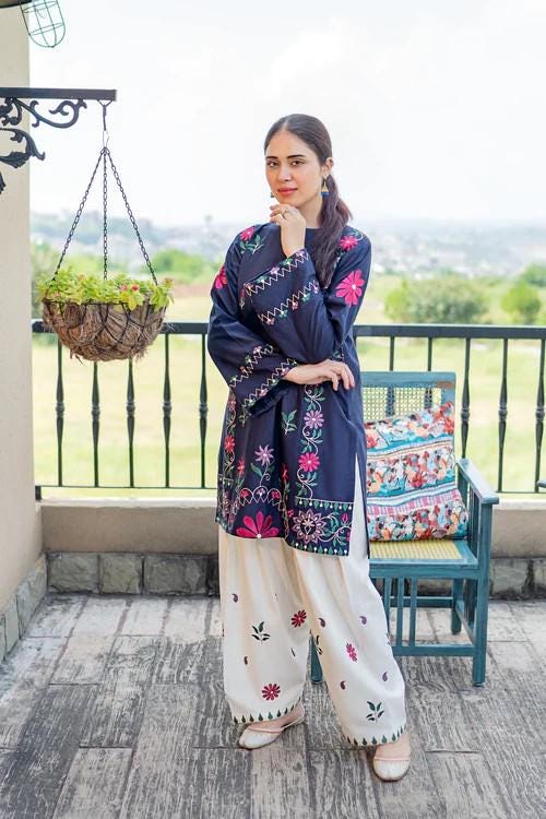 2 piece - Embroidered Soft Khaddar Farshi Shalwar Suit - Off White and Navy Blue
