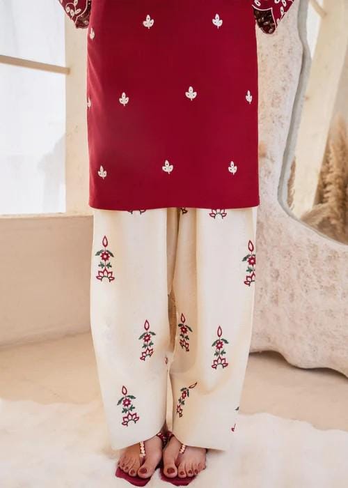 2 Piece Embroidered Linen Short Kurta Farshi Shalwar