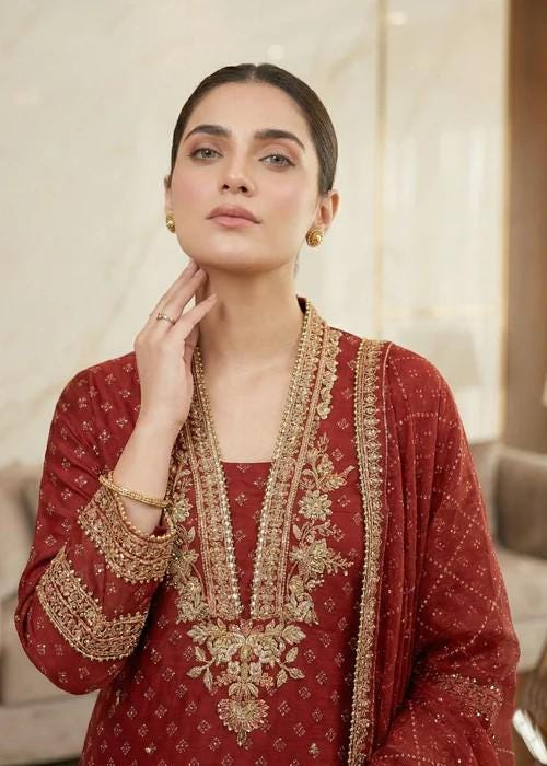 Embroidered Chiffon Kurta Set - 3 Piece - Raw Silk Shalwar -Rust Red