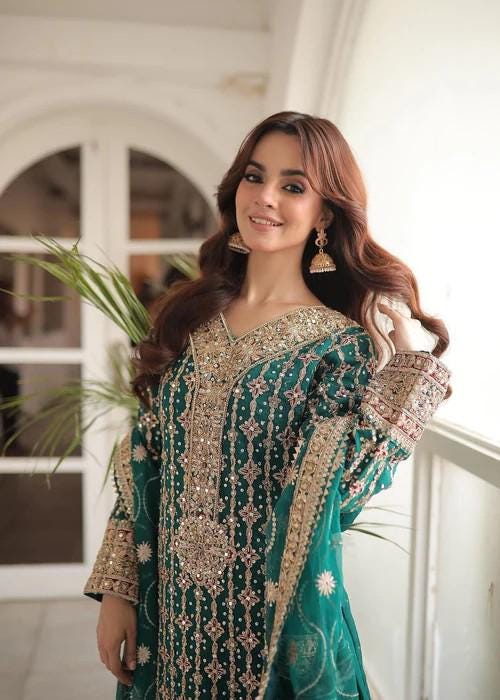 4 Piece Embroidered Chiffon Kurta Set with Potli Bag - Raw Silk Pants - Sea Green