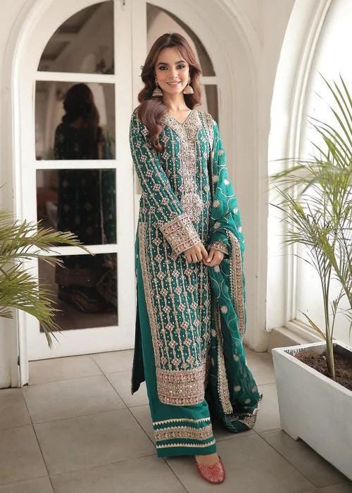 4 Piece Embroidered Chiffon Kurta Set with Potli Bag - Raw Silk Pants - Sea Green
