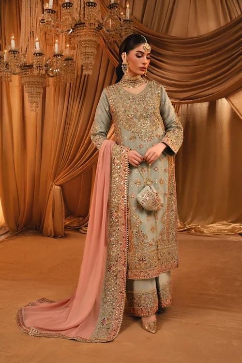 Heavily Embroidered Party Wear Chiffon Long Kurta Suit - 4 Piece (with Potli bag)