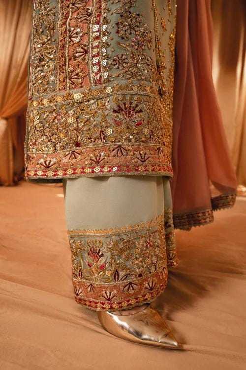 Heavily Embroidered Party Wear Chiffon Long Kurta Suit - 4 Piece (with Potli bag)