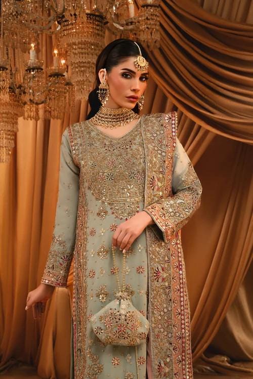 Heavily Embroidered Party Wear Chiffon Long Kurta Suit - 4 Piece (with Potli bag)