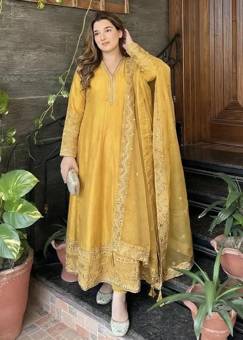 3 Piece Embroidered Silk Maxi Dress - Mustard
