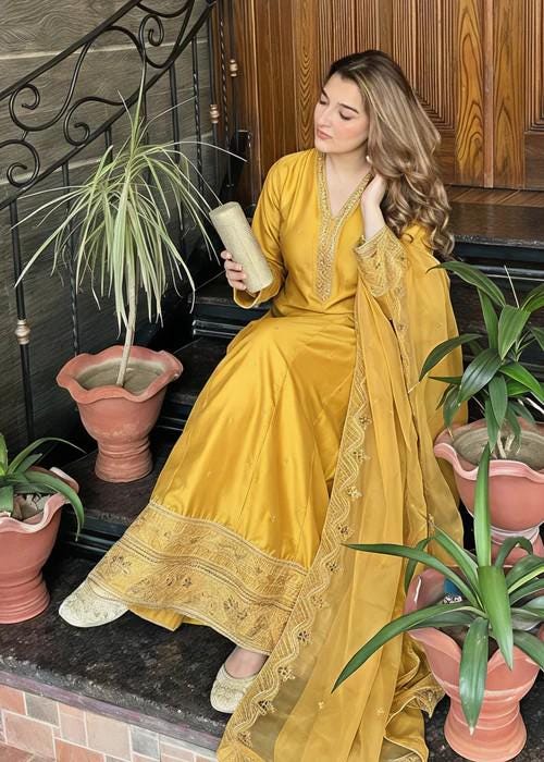 3 Piece Embroidered Silk Maxi Dress - Mustard
