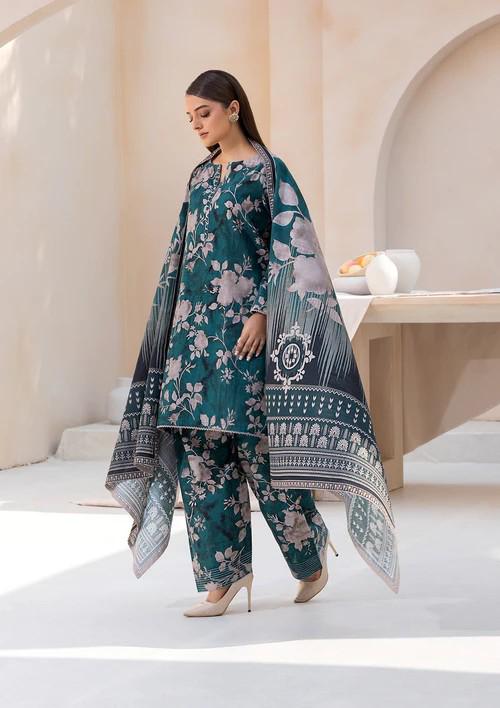 3 piece - Printed Soft Khaddar Suit - Bottle Green
