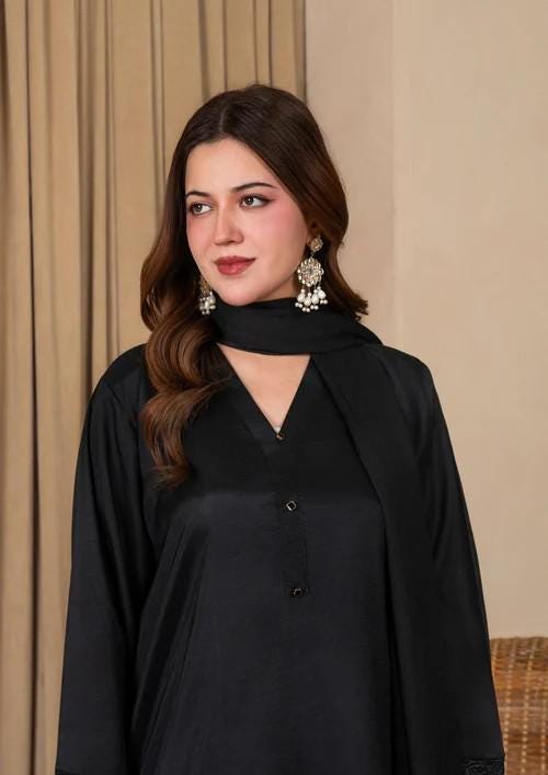 Embroidered Viscose Raw Silk Farshi Shalwar with Chiffon Dupatta - Black