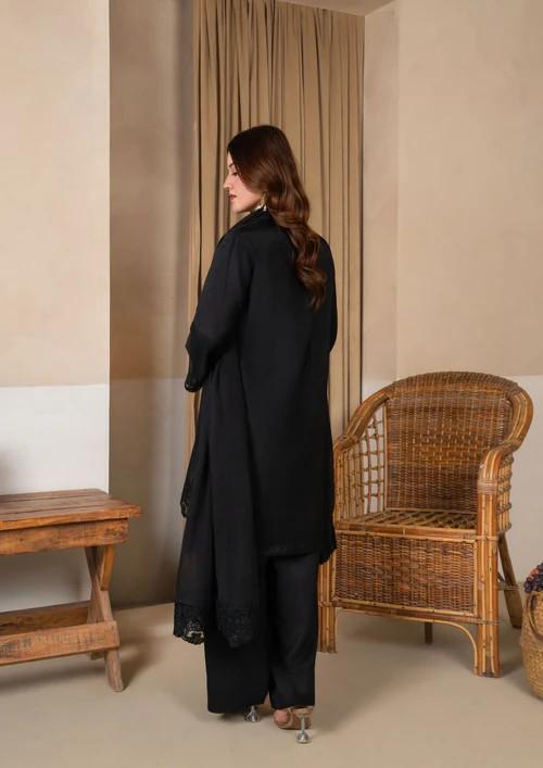 Embroidered Viscose Raw Silk Farshi Shalwar with Chiffon Dupatta - Black