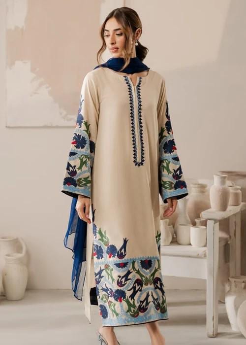 Embroidered Linen Suit with Chiffon Dupatta - 3 Piece Cream Color
