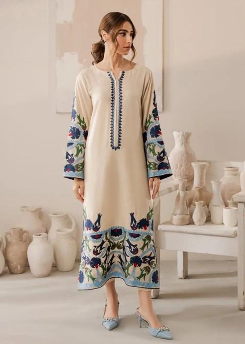 Embroidered Linen Suit with Chiffon Dupatta - 3 Piece Cream Color