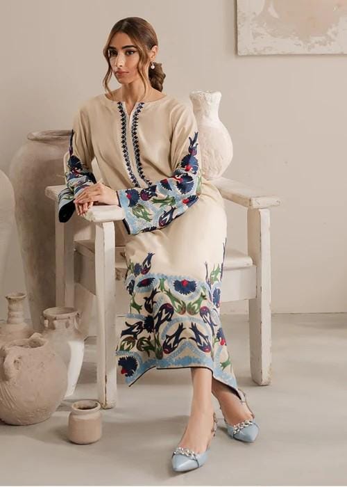 Embroidered Linen Suit with Chiffon Dupatta - 3 Piece Cream Color