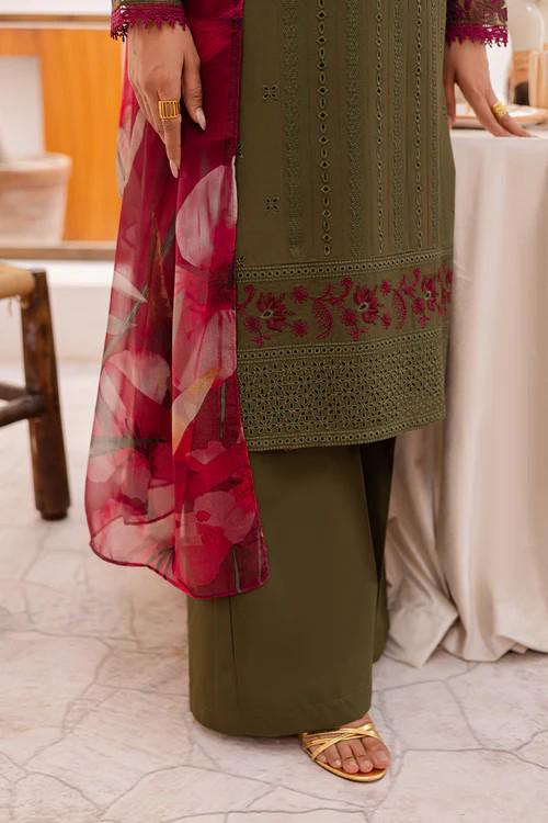 3 piece - Pakistani Designer Lawn Suit - Chiffon Dupatta - Olive Green & Red