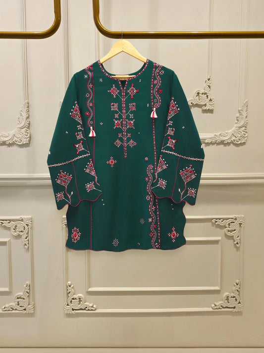 Agha Noor 2 piece - Embroidered Linen Co Ord Suit - Bottle Green