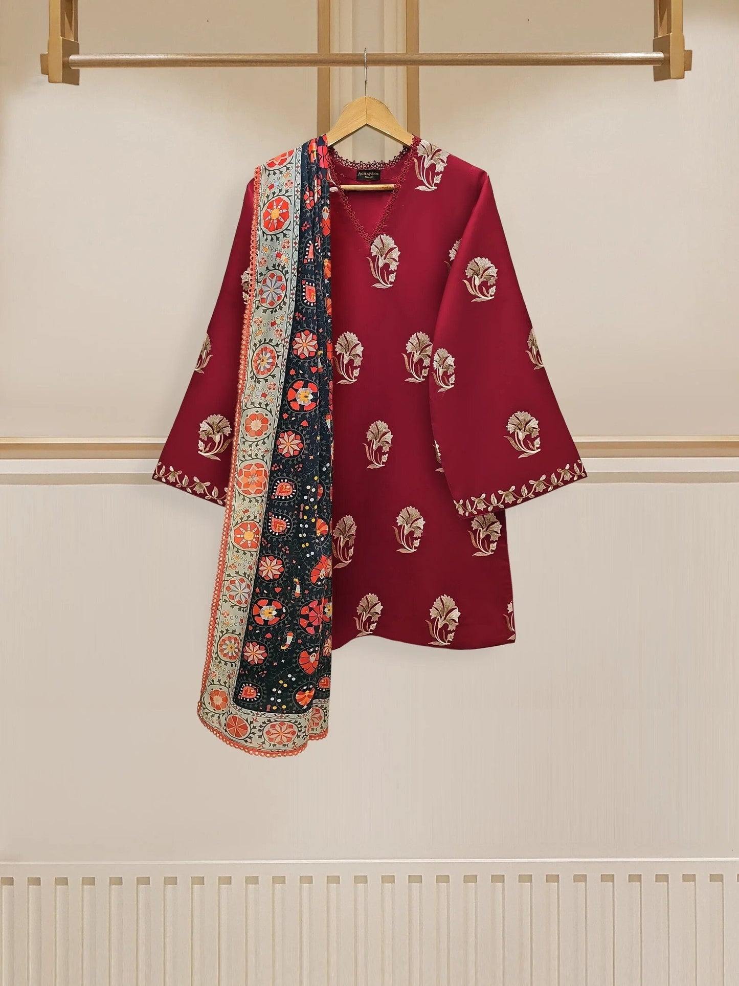 Agha Noor 3 piece - (Size- L) Embroidered Lawn Suit - Maroon