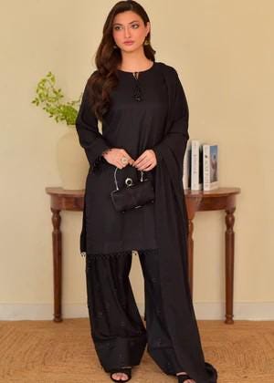 Embroidered Raw Silk Farshi Shalwar with Chiffon Dupatta - Black