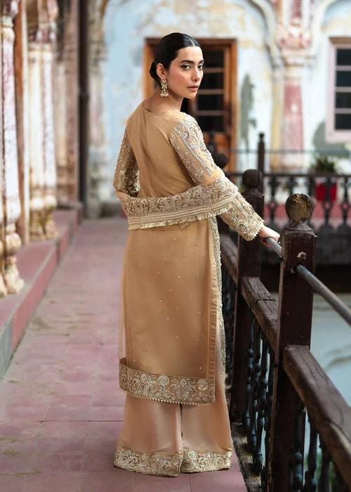 4 Piece Embroidered Net & Silk Suit With Potli Bag - Beige