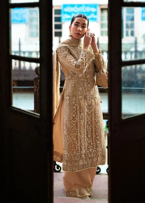 4 Piece Embroidered Net & Silk Suit With Potli Bag - Beige