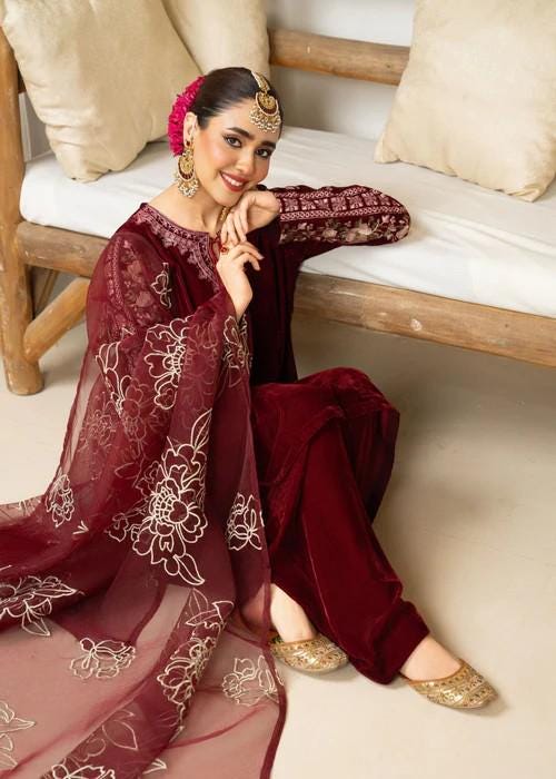 3 Piece Embroidered Velvet Farshi Shalwar Suit