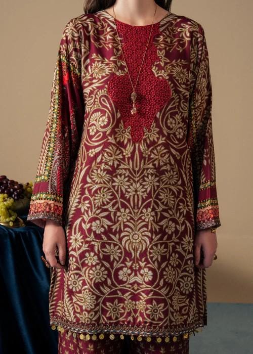3 Piece Maroon Silk Palazzo Suit: XL - Bust 48"