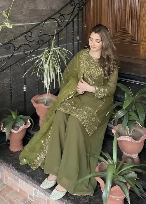 Embroidered Chiffon Sharara - Olive Green