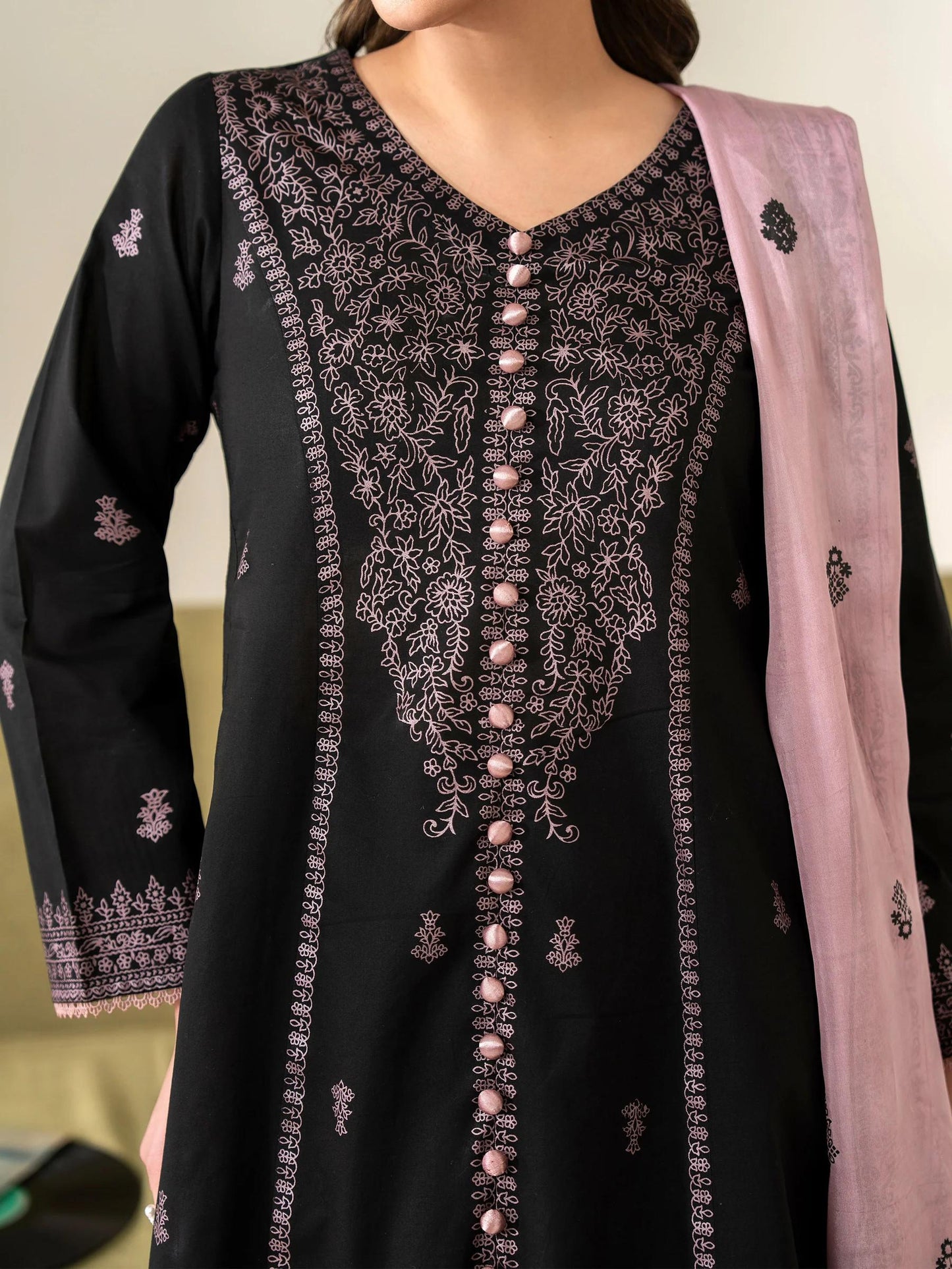 3 Piece Screen Printed Black Frock Suit