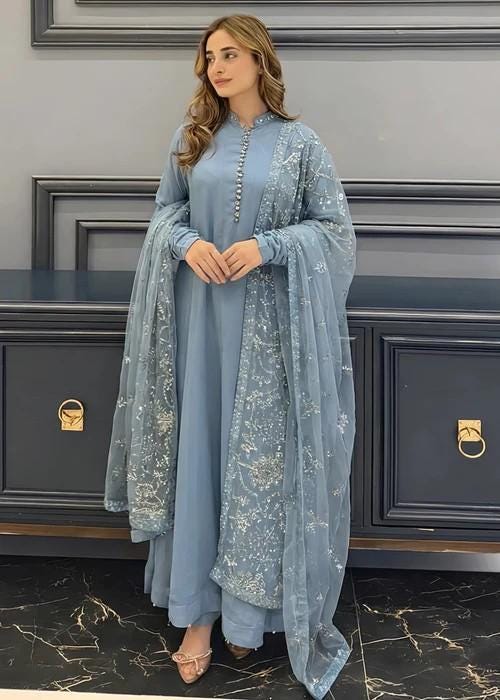 3 Piece Chiffon Maxi Dress - Ice Blue