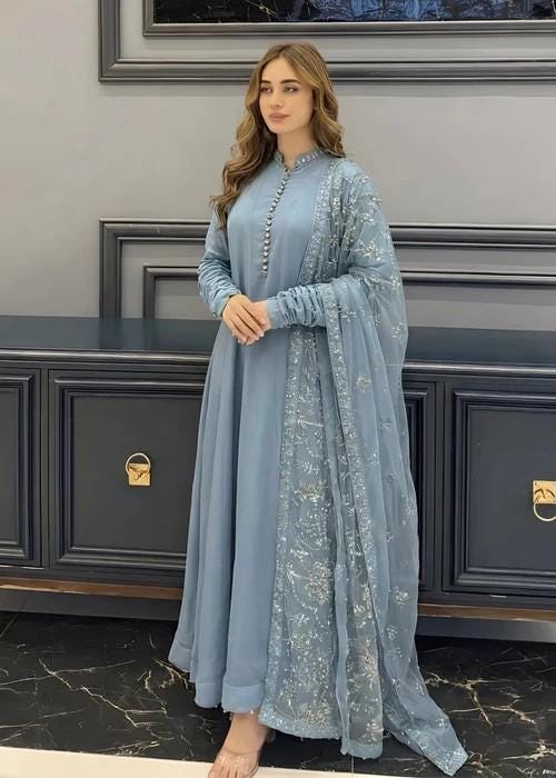 3 Piece Chiffon Maxi Dress - Ice Blue