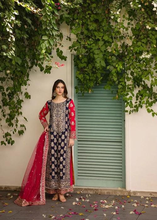 4 Piece Embroidered Chiffon Suit - Raw Silk Pants with Potli bag