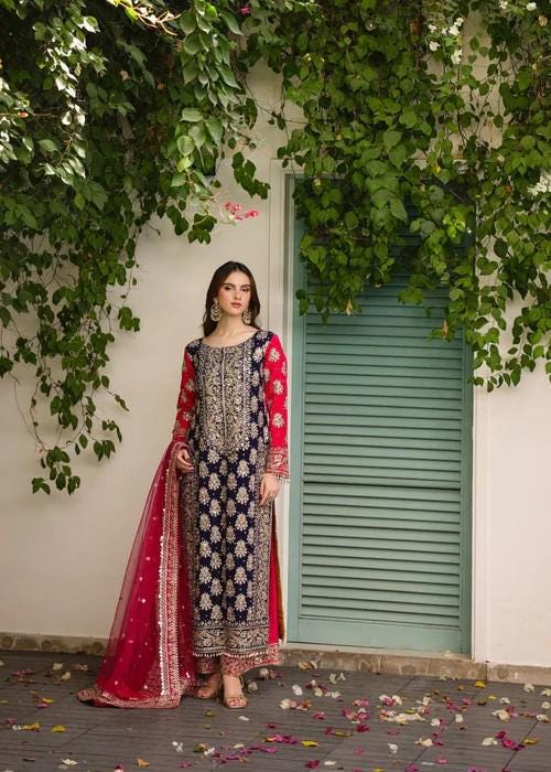 4 Piece Embroidered Chiffon Suit - Raw Silk Pants with Potli bag