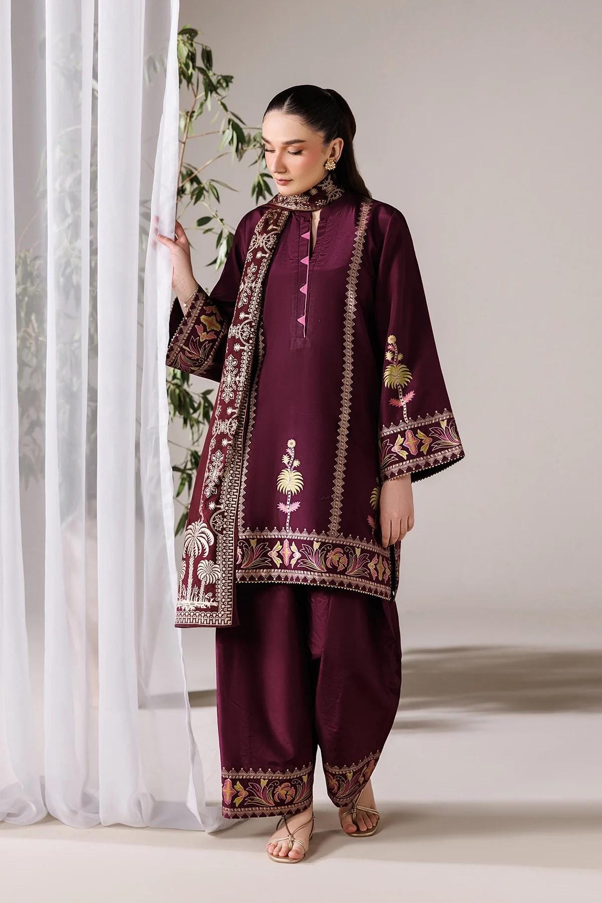 3 Piece Screen Printed Summer Silk Suit - Maroon