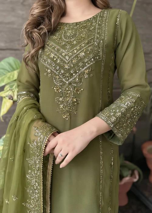 Embroidered Chiffon Sharara - Olive Green