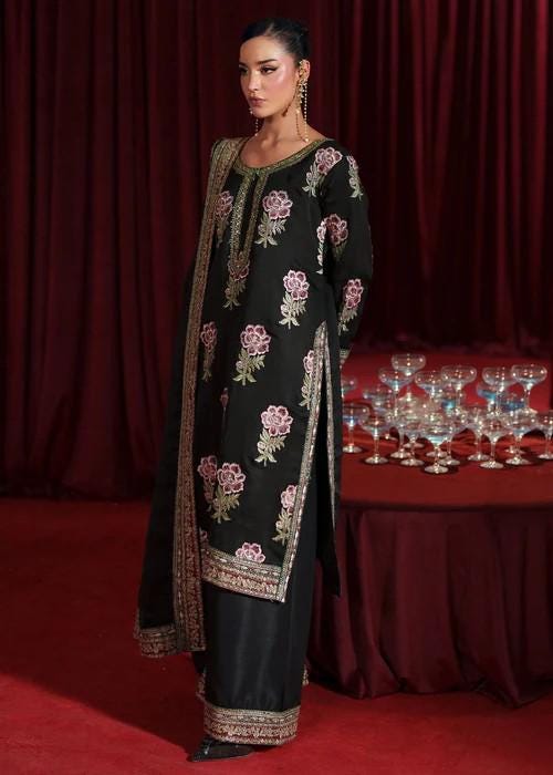 3 Piece Embroidered Chiffon Palazzo Suit - Raw Silk Pants