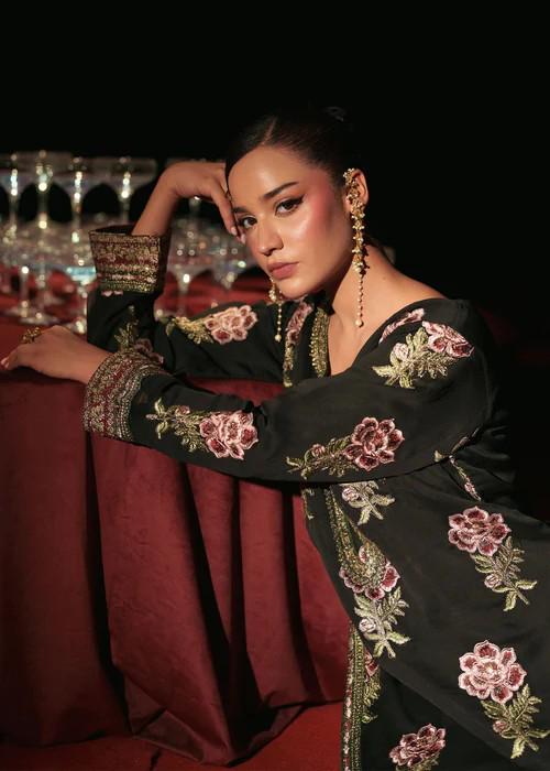 3 Piece Embroidered Chiffon Palazzo Suit - Raw Silk Pants