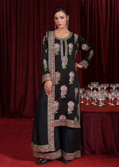 3 Piece Embroidered Chiffon Palazzo Suit - Raw Silk Pants